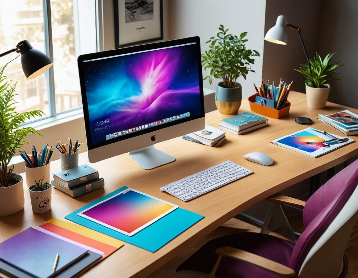 A visually captivating digital workspace filled with vibrant PNG images, showcasing an artist at work enhancing digital art. Include a variety of digital tools, colorful layers, and media resources spread around, emphasizing the power of PNG in creativity. The background should have a soft gradient, with light illuminating the workspace, symbolizing inspiration and innovation. super-realistic. vibrant colors. 3D.