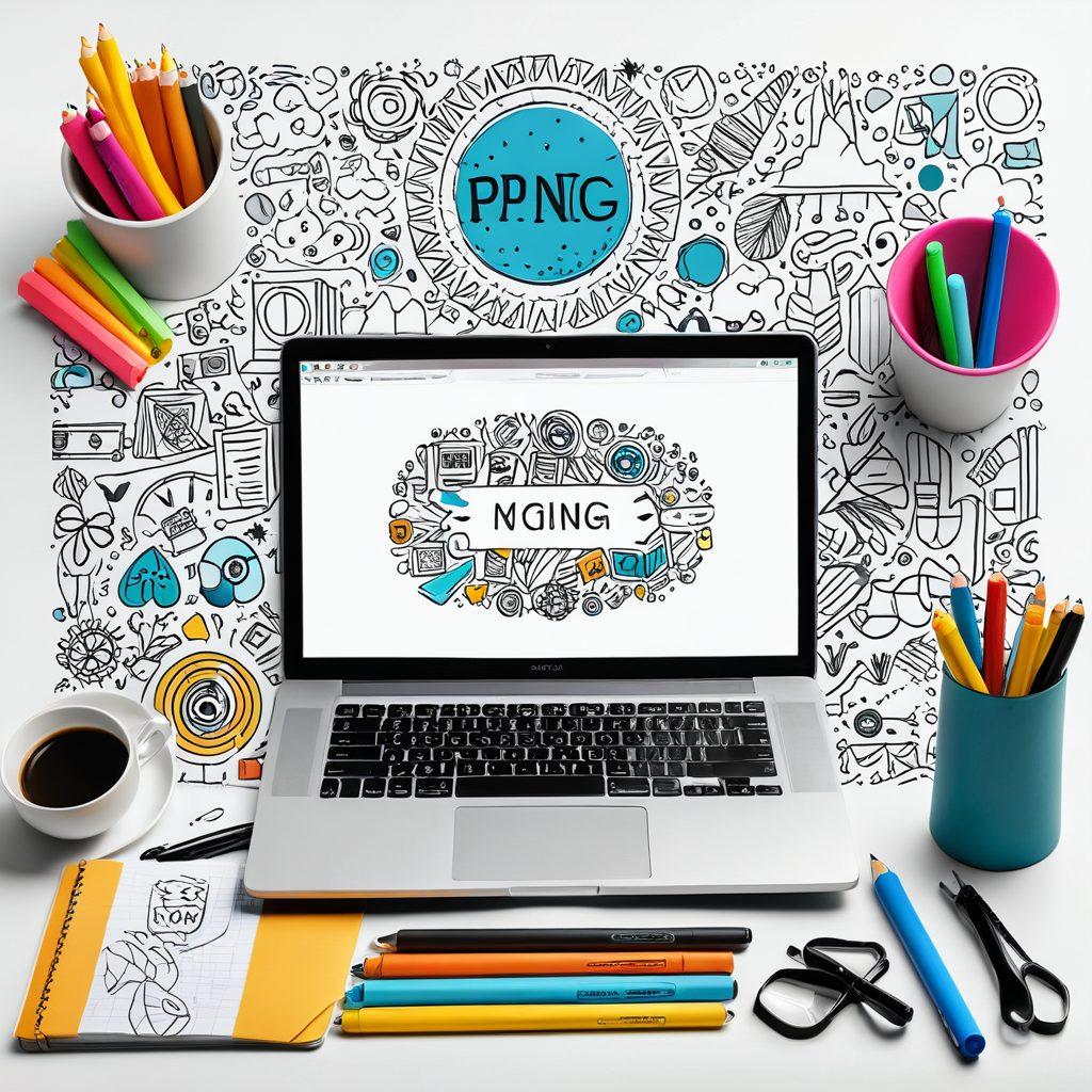 A vibrant digital workspace filled with stunning PNG illustrations, featuring colorful media resources like graphics, icons, and backgrounds, surrounded by a laptop, sketchbook, and design tools. The composition should evoke creativity and inspiration, highlighting the versatility of PNG images in online content. super-realistic. vibrant colors. white background.